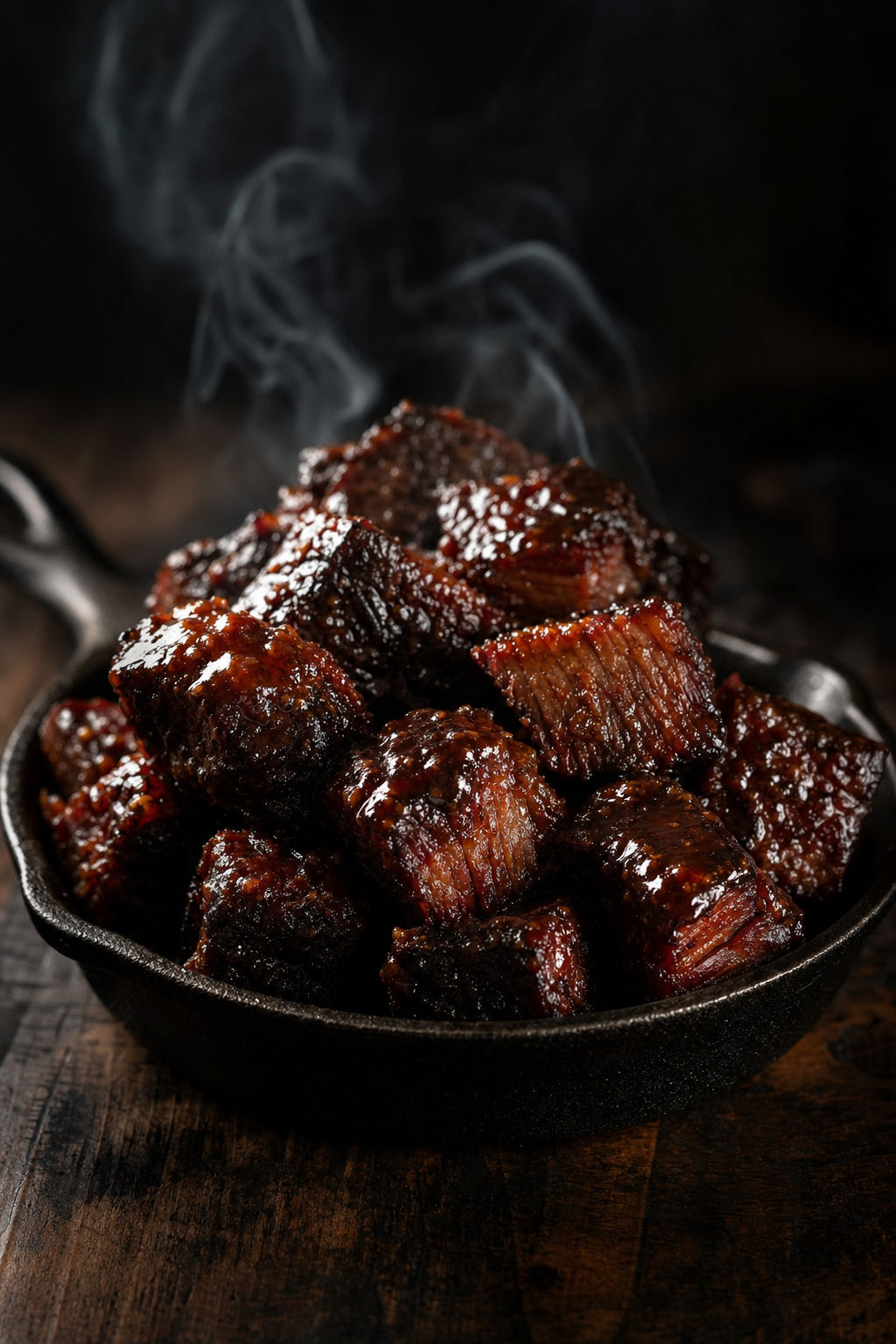 Glazed brisket burnt ends in a cast iron skillet with rising smoke