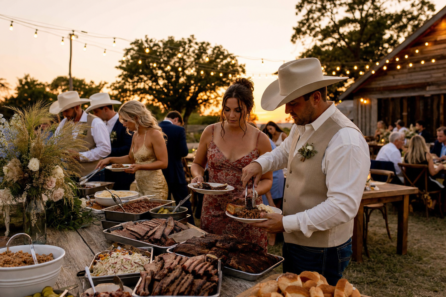 Outdoor wedding reception with rustic BBQ catering buffet at sunset