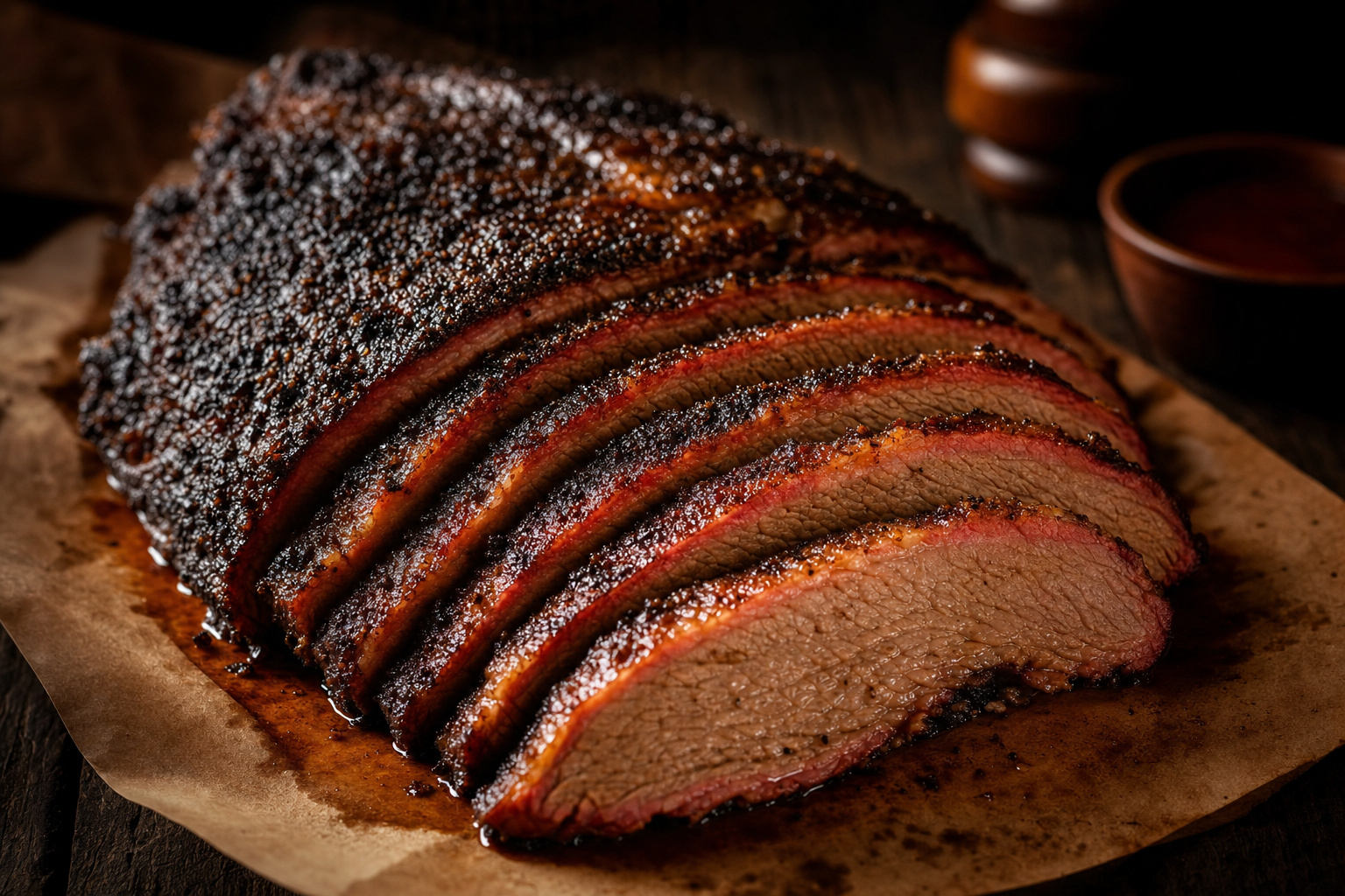 Sliced Texas-style smoked brisket on butcher paper