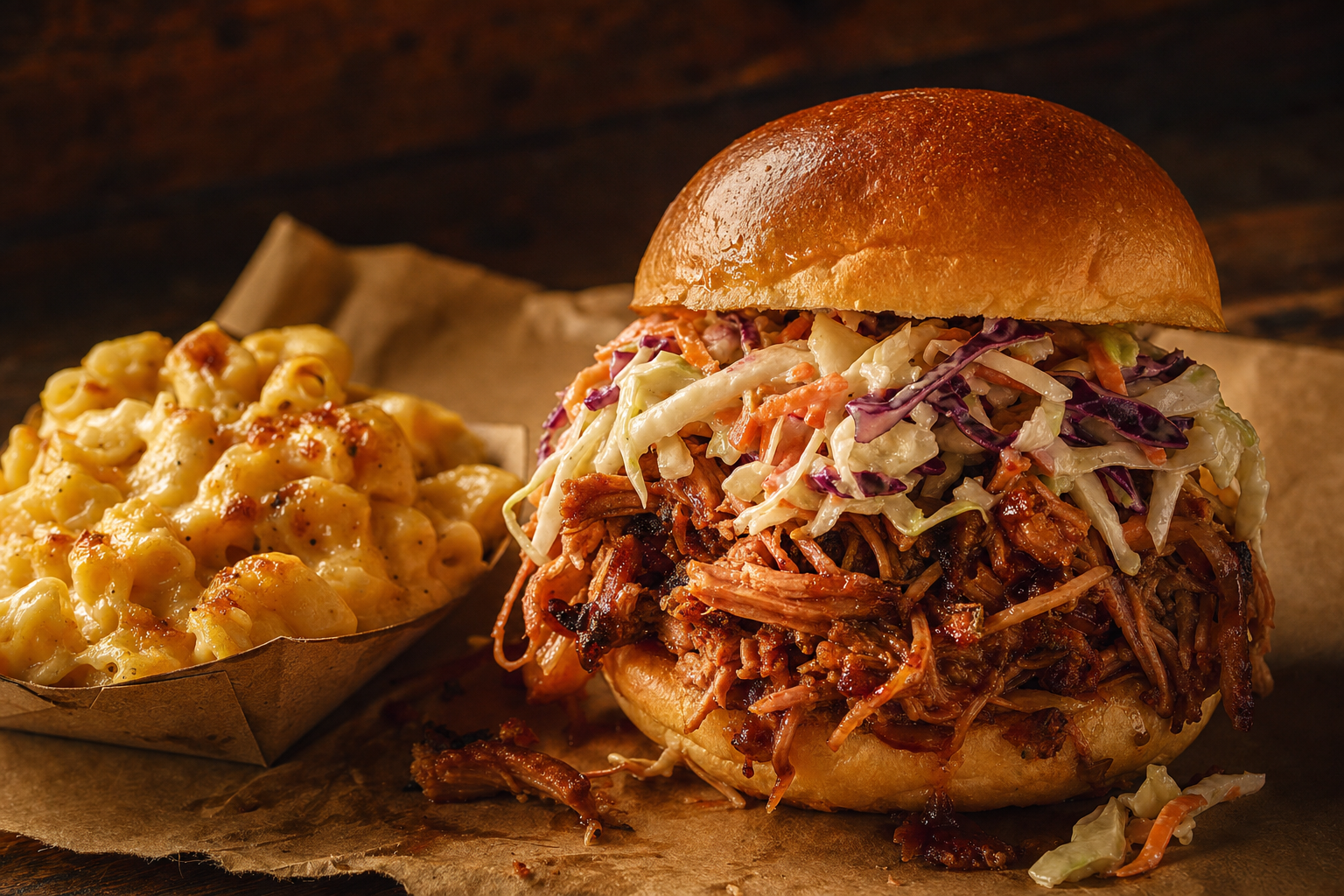Pulled pork sandwich with slaw on a brioche bun next to mac and cheese
