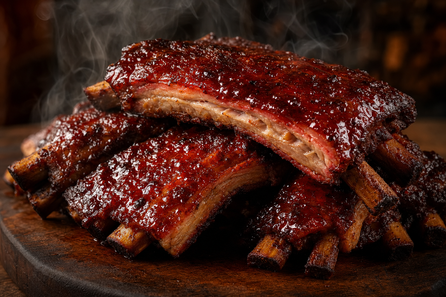 Stack of smoked Texas-style ribs glazed in cherry sauce