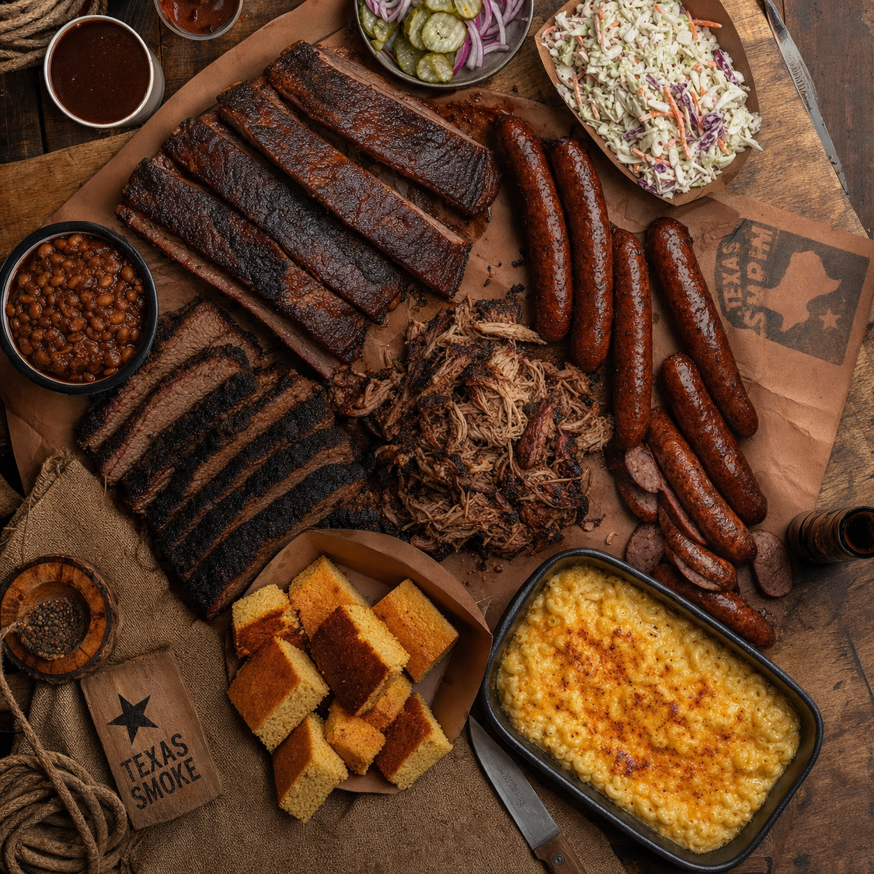 Top-down spread of brisket, ribs, sausage, sides, and cornbread on a wooden table